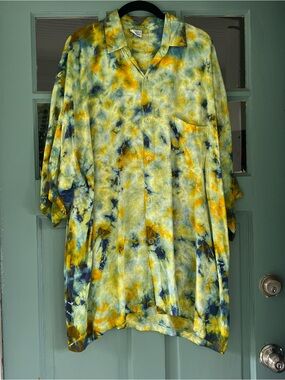 Dharma Trading Company Yellow green Tie Dye 3/4 Sleeve Button Down Blouse XL
